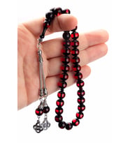 Erkek Hediyelik 10mm Küre Kesim Kırmızı Sürmeli Kehribar Tesbih (Kırmızı-Siyah)