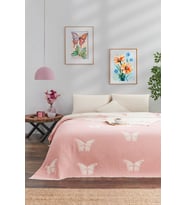 Kelebek Desenli Jakarlı Pembe Pike Çift Kişilik (220*240CM) (Açık Pembe)