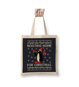 Pingu Nooting Home For Christmas Penguen Beyaz Bez Çanta Uzun Saplı Alışveriş Çantası