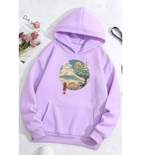 Unisex Neighbor's Ukiyo e Baskılı Sweatshirt (Lila)