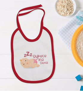 BK Kids Kişiye Özel Uykucu Kız Tasarımlı Kırmızı Bebek Mama Önlüğü-1