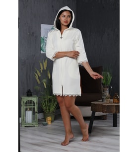 Kadın Krem Dantelli Fermuarlı Cotton Bornoz (Krem)