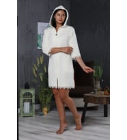 Kadın Krem Dantelli Fermuarlı Cotton Bornoz (Krem)