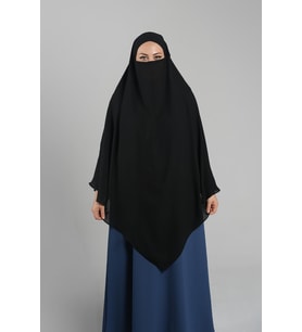 Siyah Pratik Hazır Geçmeli Tesettür Eşarp Krep Bağcıklı Sufle Hijab 2313_01