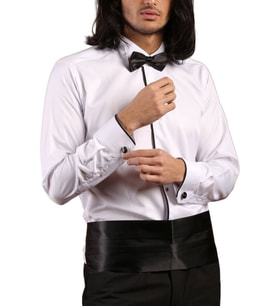 Beyaz Siyah Tek Bieli Damatlık Ata Yaka Kol Düğmeli Slim Fit Smokin Gömlek - 027