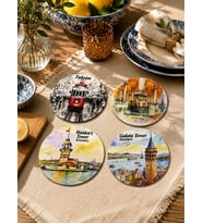nesnelgift İstanbul Portre 4'lü Set , 9 cm MDF UV Baskı Dekoratif Bardak Altlığı