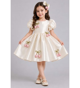 Kız Çocuk Karpuz Kollu Üzeri Lale Kurdela Detaylı Eteği Kabarık Krem Saten Abiye