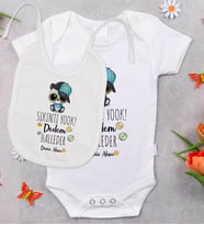 BK Kids Kişiye Özel Sıkıntı Yok Dedem Halleder Tasarımlı Bebek Body Zıbın ve Mama Önlüğü Hediye Seti - Model 1