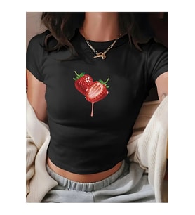Kadın Crop Baby Tee Çilek Baskılı Dar Kesim %100 Pamuk Y2K Estetik Tişört