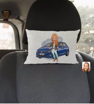 BK Gift Kişiye Özel Plakalı Kadın Volkswagen Polo Karikatürlü Dikdörtgen Araç Koltuk Yastığı-1