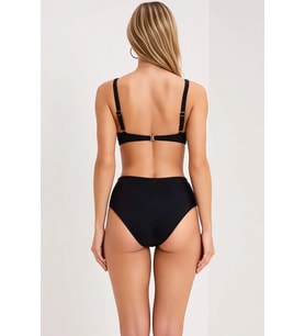 Kadın Bikini Takımı V Yaka Askılı Yüksek Bel Döküm Aksesuarlı Düz Desen Klora Suya Dayanıklı Örme
