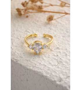925 Ayar Gümüş Zirkon Taşlı Damla Stil Yüzük - Gold