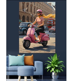Pembe Scooter Şehir Sürüşü Dekoratif Kanvas - Mdf Ahşap Tablo