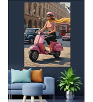 Pembe Scooter Şehir Sürüşü Dekoratif Kanvas - Mdf Ahşap Tablo