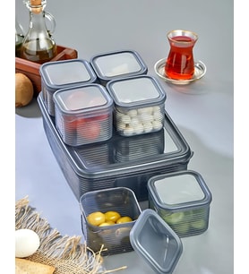 Kapaklı Kahvaltılık Seti, Beyaz, Çizgili Vakumlu Bölmeli Tepsi, 1 Adet 40x23 cm Tepsi ve 6 Adet 10x10x5.3 cm Saklama Kabı, BPA Free (Beyaz)
