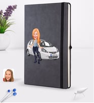 BK Gift Kişiye Özel Plakalı Kadın Honda Jazz Karikatürlü Siyah Termo Deri Defter 16x24cm Model 1