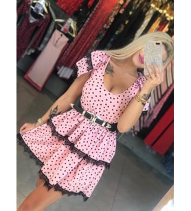 Kadın Derin Göğüs Dekolteli Puantiye Ve Dantel Detay Fırsat ürün Elbise (Pembe)