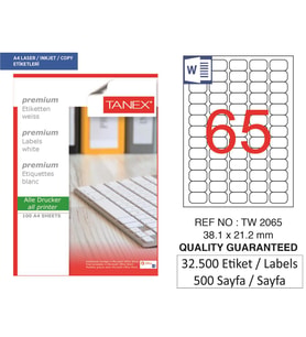 Tanex Lazer Etiket tw-2065 500 A4 Sayfa Laser Etiket 38 X 21 mm Boyutunda 1 A4 Sayfada 65 Etiket