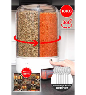 10 Kg Kapasiteli Gıda Ve Bakliyat, Organizeri 360 Derece Dönebilen, Baharat Kaşığı Ve Nihale Hediye (Beyaz)