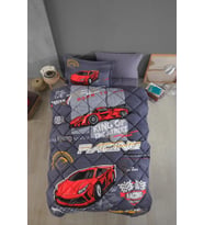 Clasy Ranforce %100 Pamuk Tek Kişilik Uyku Seti (Lastikli Çarşaflı) Racing TeamV1 Gri (Çok Renkli)