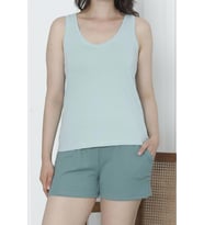 Kadın Şortlu Pijama Takımı Geniş Askılı Likrali Cepli Kaşkorse Şort YEŞİL