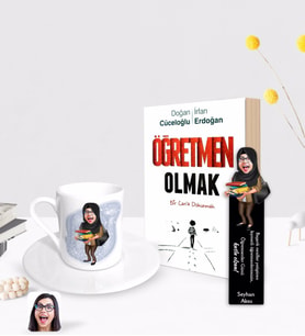 BK Gift Kişiye Özel Tesettürlü Kadın Öğretmen Karikatürlü Türk Kahvesi Fincanı Ahşap Kitap Ayracı ve Öğretmen Olmak Kitabı Hediye Seti-2