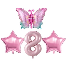 Pembe Kelebekli 8 Yaş Folyo Balon Set