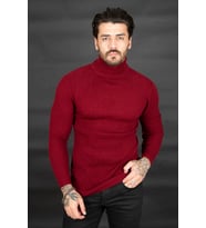 Erkek Bordo Balıkçı Yaka Çizgili Slim Fit Örme Kazak 2100015