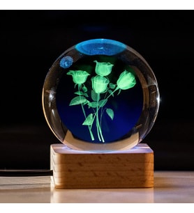 Kişiye Özel Işıklı Ahşap Gül Buketi Kristal Cam Küre 8*6cm