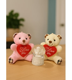 2 Adet Sevimli Mini Peluş Ayıcık ve Mini Melek Kar Küresi Set