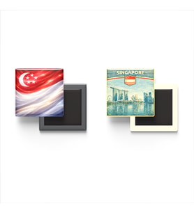 Buzdolap Magnetleri - Singapur Bayrağı ve Singapur Retro Tema - 2'li Set Magneti