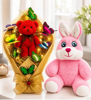 LED Işıklı Kırmızı Peluş Ayıcık Buketi ve Pembe Peluş Tavşan Hediye Seti Sevgiliye Hediye