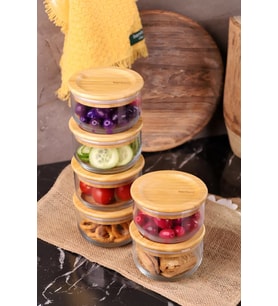 Duo 300ml 6'lı Bambu Vakumlu Kapaklı Cam Kahvaltılık Seti