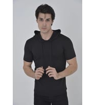 Kadın Kapüşonlu T-Shirt Kısa Kol Bisiklet Yaka Slimfit Tişört - Siyah