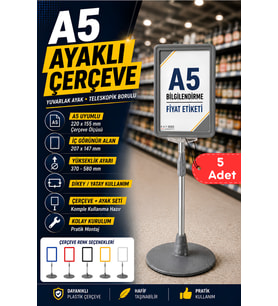 5 Adet - A5 Ayaklı Menü ve Fiyat Bilgi Standı Yuvarlak Tabanlı Teleskopik Çerçeve Etiketlik Gri