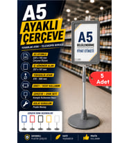 5 Adet - A5 Ayaklı Menü ve Fiyat Bilgi Standı Yuvarlak Tabanlı Teleskopik Çerçeve Etiketlik Gri