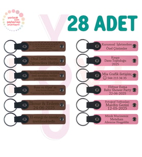 A Kahve & Pembe, Kına Gecesi Misafirlerine Anlamlı Anı, 28’li Set, Mesajlı Deri Hatıra Anahtarlık