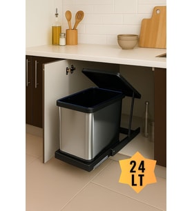 Krom, Dolap içi Teleskopik Raylı Paslanmaz Krom Çöp Kovası 24 Litre, minimum kapak genişliği 40 cm.