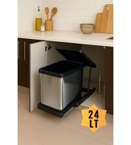 Krom, Dolap içi Teleskopik Raylı Paslanmaz Krom Çöp Kovası 24 Litre, minimum kapak genişliği 40 cm.
