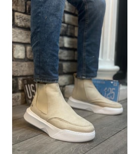 BA0150 Bağcıksız Erkek Krem Süet Yüksek Taban Spor Bot (Çok Renkli)