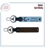 Çocuk Ve Ayyıldız Gücüyle Tasarlanan, Kişisel İsimli 2’li Deri Anahtarlık Hediye, Gök Mavi-Kahve