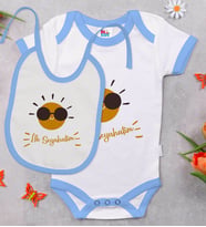 BK Kids İlk Seyahat Tasarımlı Mavi Bebek Body Zıbın ve Mama Önlüğü Hediye Seti-1