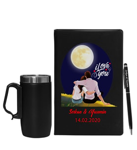 Sevgililer Gününe Özel Siyah Defter Kalem & Termos Mug Hediye Seti 4