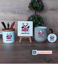 Sevimli Panda Dekoratif Taş, Kalemlik, Sihirli Oval Kupa Bardak, Ahşap Anahtarlık Hediye (Model 1)
