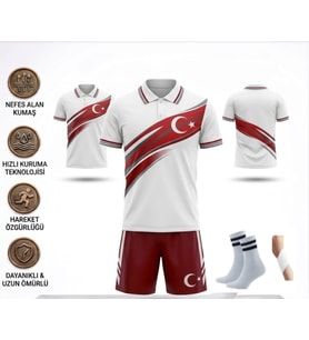 Türkiye Euro 2026 Milli Takım Polo Yaka Beyaz-Kırmızı Çocuk Futbol Forması Özel Tasarım Forma 4 Parça Forma+Şort+Çorap+Bileklik (Kody2)
