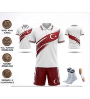 Türkiye Euro 2026 Milli Takım Polo Yaka Beyaz-Kırmızı Çocuk Futbol Forması Özel Tasarım Forma 4 Parça Forma+Şort+Çorap+Bileklik (Kody2)