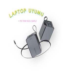 20000mAh 70W Hızlı Şarj Powerbank  LCD Ekran  2x USB + 2x Type-C  Type-C Kablolu Çıkışlı