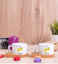 Kişiye Özel Sevimli Limonlar İkili Ahşap Altlıklı Fincan