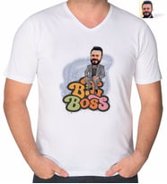 BK Gift Kişiye Özel Erkek Big Boss Karikatürlü V Yaka Tişört-3 (Beyaz)