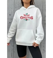 Yılbaşı Merry Christmas Baskılı Oversize Kapüşonlu Sweatshirt Hoodie - Beyaz
